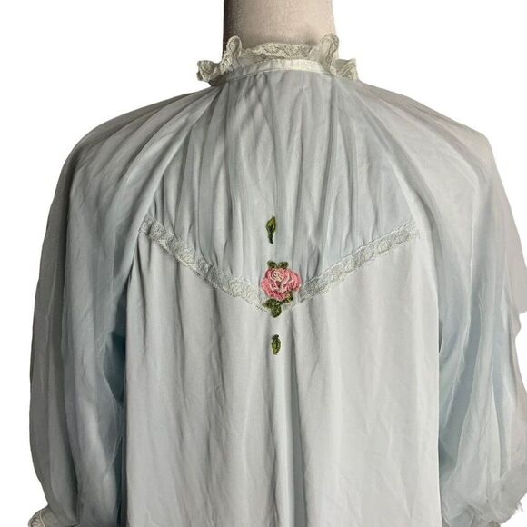 Vintage 50s Peignoir Robe Dressing Gown Lingerie M Blue Nylon Chiffon Lined - Picture 7 of 10
